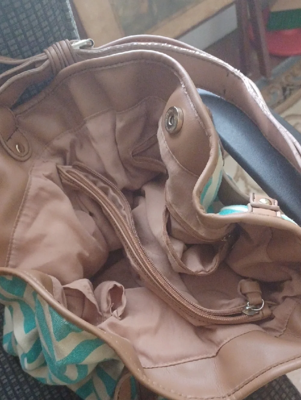 Turquoise Chevron Canvas Shoulder Bag with Tan Trim